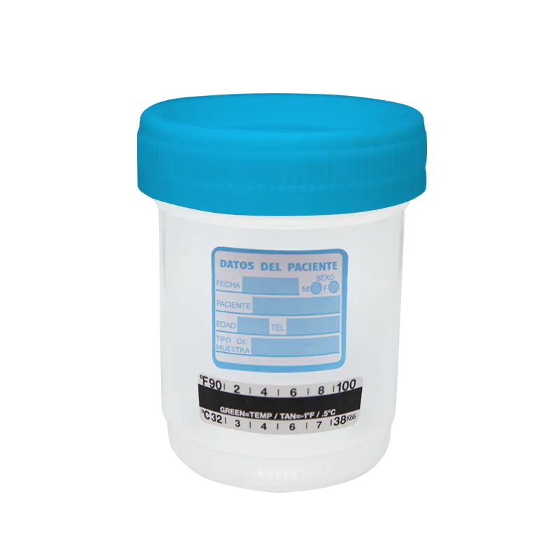 Vaso recolector tapa azul con etiqueta y termómetro no esteril 120mm premium