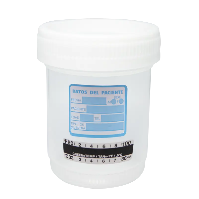Vaso recolector tapa blanca con etiqueta y termómetro no esteril 120mm premium
