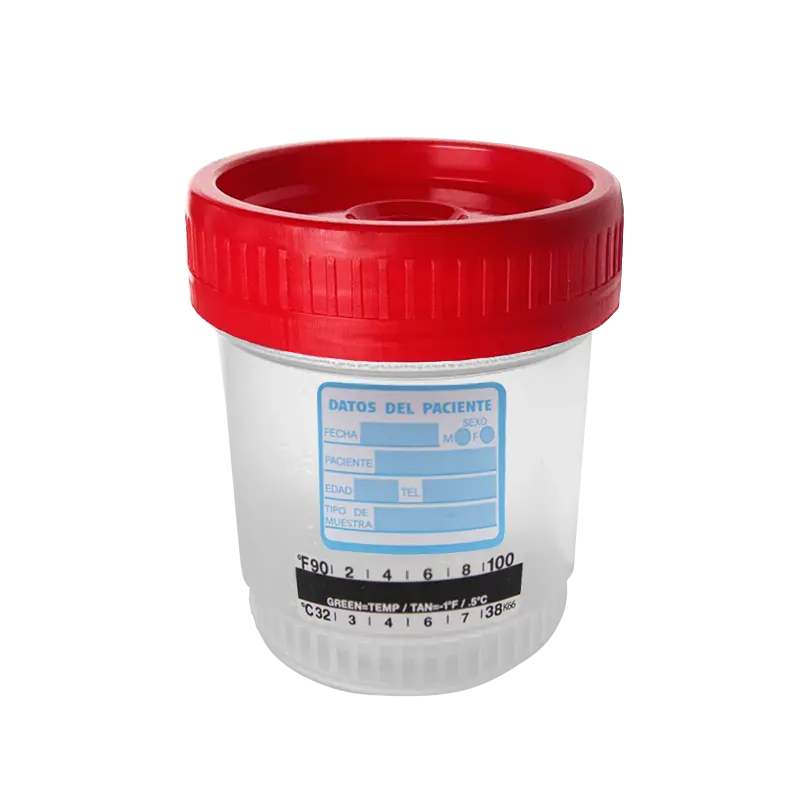 Vaso recolector tapa roja con etiqueta y termómetro no esteril 60ml
